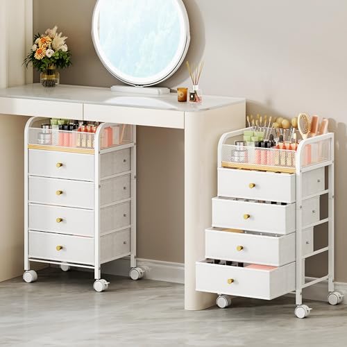 Rolling Makeup Organizer Cart - 14.96″*11.81″*27.55″ Widened Under Desk Vanity Storage with 4 Non-woven Drawers, Cosmetic Display Cases for Skin Care Perfume Nail Polish Brush Hair Tool White by SwtyMiki-TidyHomeSweetLife