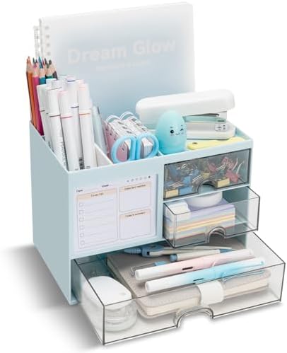 Desk Organizer with 3 Drawer, Multi-Functional Pencil Pen Holder for Desk, Desk Organizers and Storage with 8 Compartments, Desktop Organizer for Office Home Art Supplies (Blue) by QIYVLOS