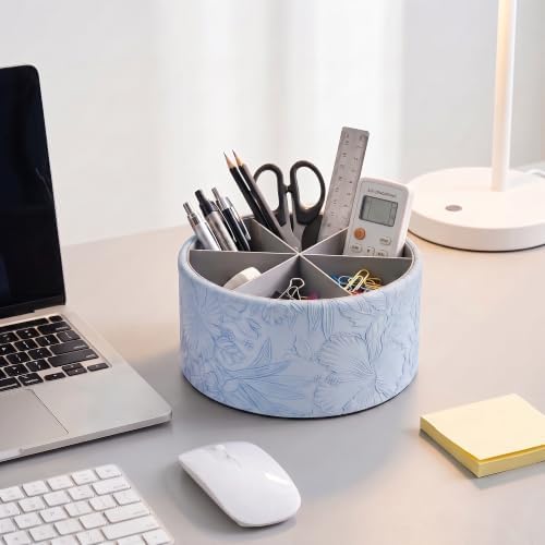 Remote Control Holder, 360°Spinning PU Leather Desk TV Remote Caddy,Desk Storage Box Room Accessories for Controller, Media,Mail,Calculator, Mobile Phone,Pencil(1B-Carved1 Blue2) - Image 6