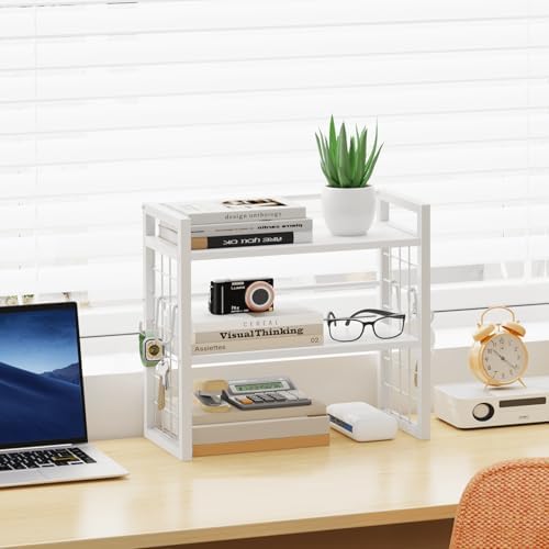 Desk Shelf Organizer, Tiered Wood Desktop Book Shelf, White - Image 2