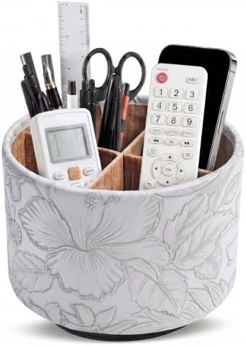 Round Leather Art Supply Organizer,Remote Control Holder,360 Degree Spinning,Multi-Functional Pencil Holder,4 Compartments Desktop Stationary Organizer(1-Wood Grey) by Hennaja