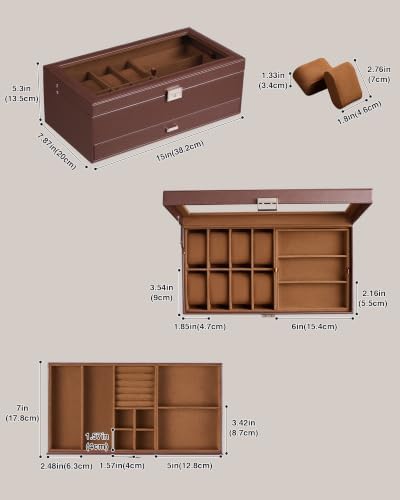 ProCase Mens Jewelry Box, Lockable 8 Slot Watch Case & 3 Slot Sunglasses Organizer, 2-layer Mens Jewelry Organizer Watch Box for Men, Watches Holder Display Storage, Fathers Day Gift -Brown - Image 5