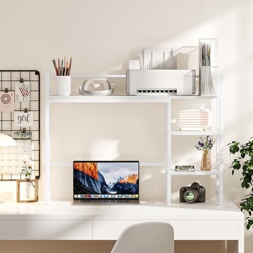 Snughome Desk Shelf, 38.6" Desktop Organizer Shelf, Desk Hutch for Computer Monitor, 4 Tier Desk Display Rack, Wood Desktop Bookshelf Storage Rack for Home Office Dorm, White - Image 4