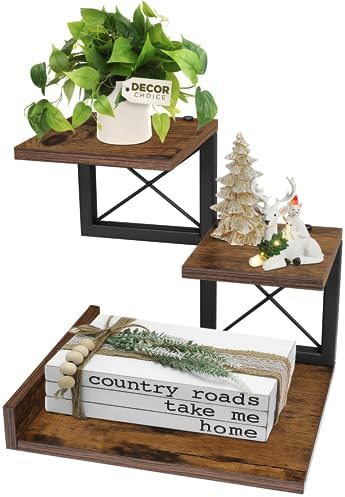 Desk Shelf Organizer, Wood Desktop Organizer Small Bookshelf, 3 Tier Storage Shelf Riser Display Stand for Office Decor and Desk Accessories, Rustic Brown Black by ELITEROO