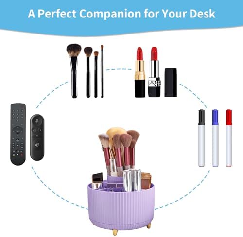 Marbrasse Desk Organizer, 360-Degree Rotating Pen Holder, Desk Organizers and Accessories with 5 Compartments Pencil Holder, Art Supply Storage Box Caddy for Office, Home（Purple） - Image 4