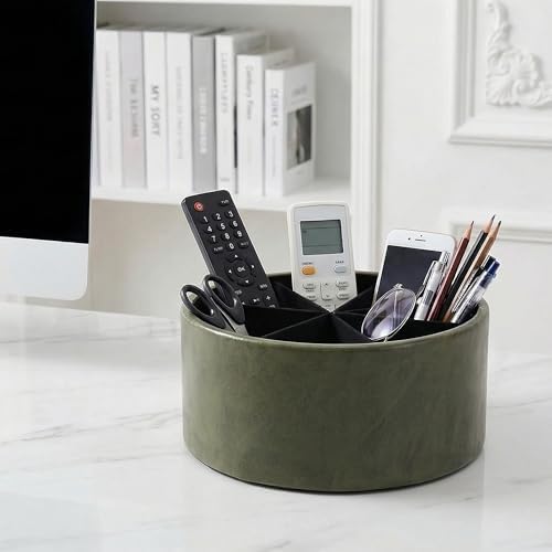 Remote Control Holder, 360°Spinning PU Leather Desk TV Remote Caddy,Desk Storage Box Room Accessories for Controller, Media,Mail,Calculator, Mobile Phone,Pencil(1-Oil Green) - Image 6