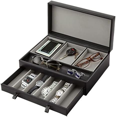 Stock Your Home Mens Valet Tray, Men's Jewelry Box, Night Stand Organizers and Storage, Bedside Table Organizer, Watch Box for Dresser, Faux Leather (Black & Gray) by StockYourHome