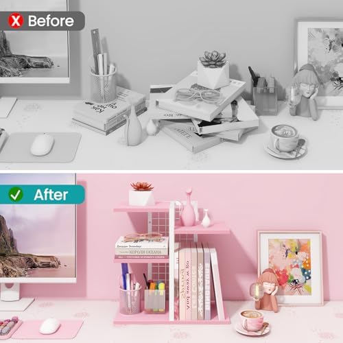 Desktop Bookshelf, Tiered Desk Organizer Shelf, Wooden Tabletop Bookshelf Small Desk Book Shelf, Dresser Top Organization Storage Rack and Desk Decorations for Women Office, Pink - Image 4