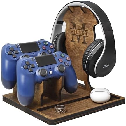Wooden Headphone and Controller Stand, Personalized Gift, Headset Stand, Headphone and Gaming Controller Holder, Christmas Gift for Gamers by Unknown