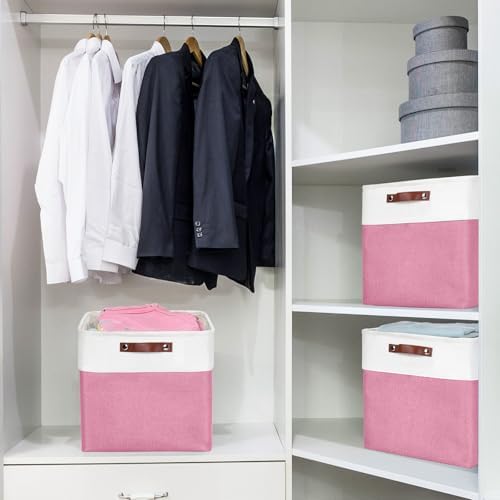 13x13 Cube Storage Bins, Collapsible Fabric Storage Box, 4 Pack Closet Baskets with Handles for Organizing, Shelf, Toys, Clothes, Home, Office, Nursery (Pink&White) - Image 3