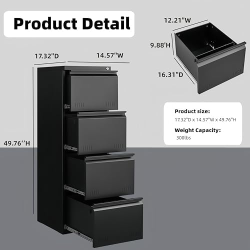 Metal File Cabinet with Lock, Vertical 4 Drawer File Cabinets for Home Office, Heavy Duty Office Storage Cabinet for A4/Letter/Legal Size, Assembly Required(Black) - Image 2