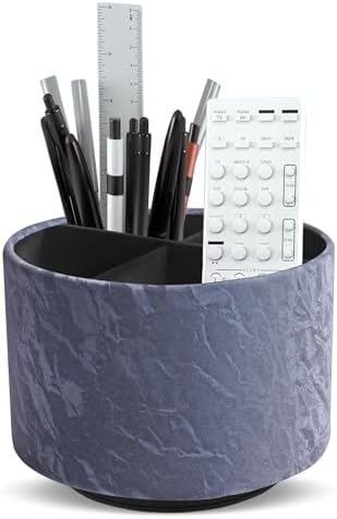 Round Leather Art Supply Organizer,Remote Control Holder,360 Degree Spinning,Multi-Functional Pencil Holder,4 Compartments Desktop Stationary Organizer(1-Hill Blue) by Hennaja