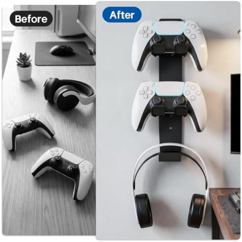 ZYTHRONE Dual Controller Holder Wall Mount, Metal Headset Stand for PS5, PS4, with Adhesive or Screws, Strong Adhesive by Screws, Black - Image 5