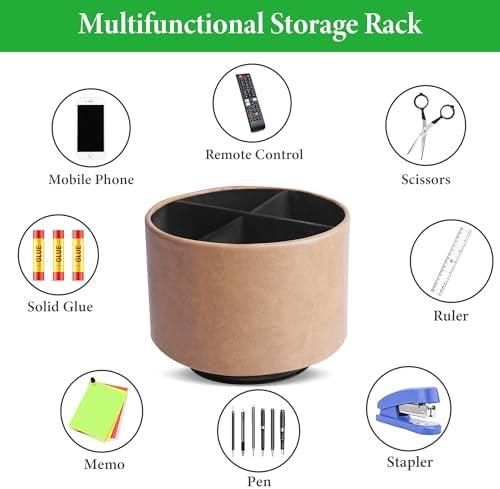 Round Leather Art Supply Organizer,Remote Control Holder,360 Degree Spinning,Multi-Functional Pencil Holder,4 Compartments Desktop Stationary Organizer(1-Oil Yellow) - Image 5