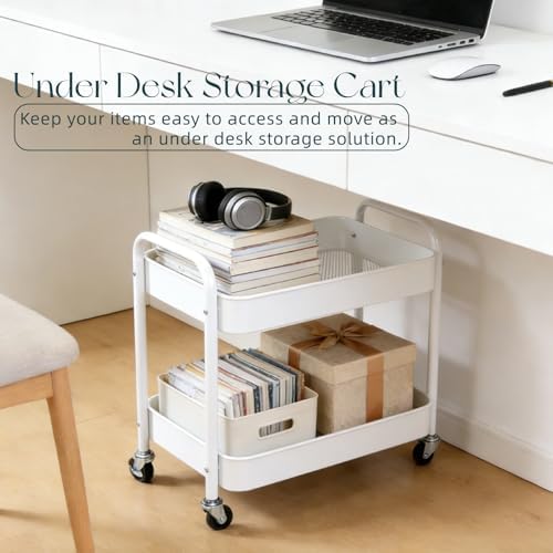 2 Tier Short Rolling Cart with Wheels for Under Desk Storage & Pantry Storage, Large Capacity Metal Kitchen Utility Cart for Small Space, Laundry Room Organizer Side Table with 4 Hooks, White - Image 3
