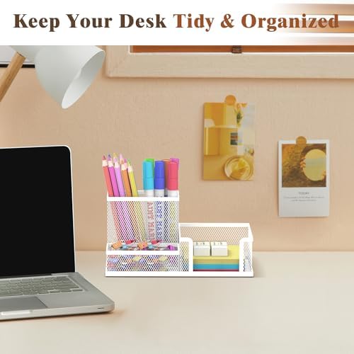 Pen Holder Desk Organizer, Office Supplies Pencil Holder with 3 Compartments, Desk Accessories and Workspace Organizers for Home School Classroom, White - Image 6