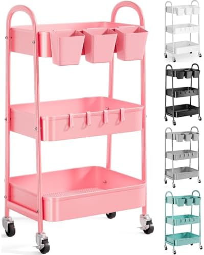 3 Tier Metal Rolling Cart with Lockable Wheels, Three Tiered Storage Carts by Recximi