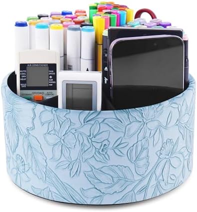 Remote Control Holder, 360°Spinning PU Leather Desk TV Remote Caddy,Desk Storage Box Room Accessories for Controller, Media,Mail,Calculator, Mobile Phone,Pencil(1-Carved Blue) by Hennaja