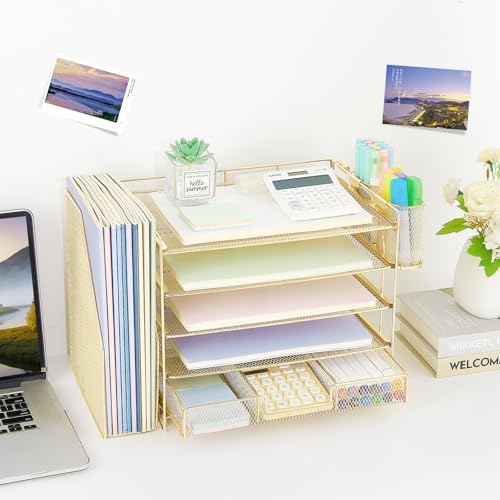 Desk Organizer, 5-Tier Desktop File Organizer with Drawer and Pen Holders, Office Desk Accessories, File Sorters, Workspace Organizers for Office Supplies(Gold) - Image 2
