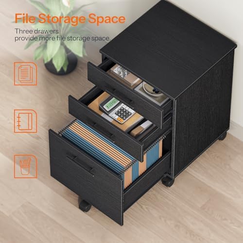 HOOBRO 3-Drawer File Cabinet, Wooden Under Desk Filing Cabinet, fits A4/Letter Size for Home Office, Small Rolling Storage Drawer Chest, Printer Stand with Drawers, Black BK02WJ01G1 - Image 7