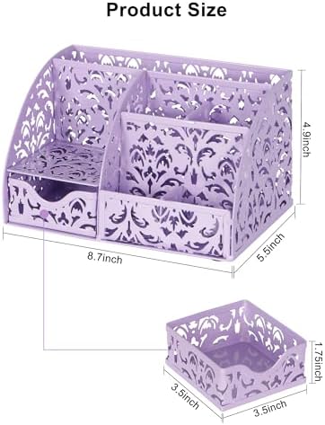 EasyPAG Desk Organizer and Pen Holder for Desk, Mesh Office Supplies Storage Caddy with Drawer for Small Space, Desktop Organizer for Home Office, Purple - Image 7