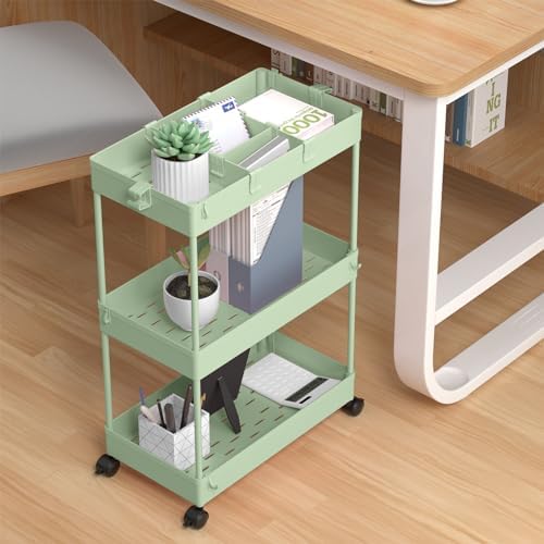 3 Tier Rolling Cart with Wheels, Storage Craft Art Trolley Organizer Serving, 3 Hanging Baskets Easy Assembly, for Office, Living Room, Kitchen, Green - Image 5