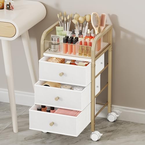 Rolling Makeup Organizer Cart - Under Desk Vanity Makeup Storage with 3 Non-woven Drawers, Nail Cart Organizer Cosmetic Display Cases Cabinet for Skin Care Perfume Nail Polish Brush Hair Tool - Image 4