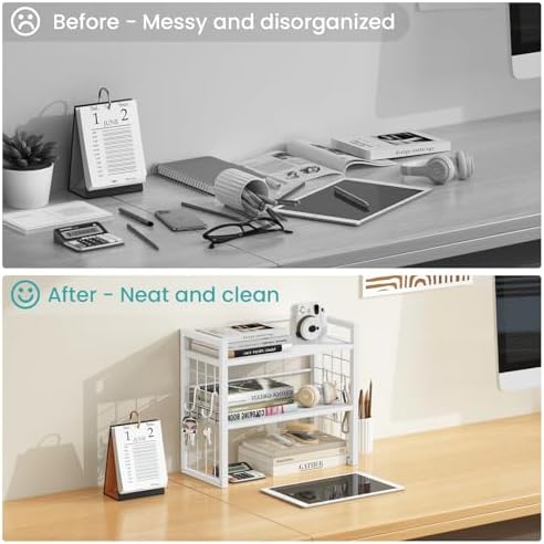 Desk Shelf Organizer, Tiered Wood Desktop Book Shelf, White - Image 6