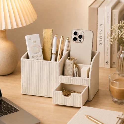 Luxury PU Leather Desk Organizer with Drawer, Modern Aesthetic Office Desk Accessories for Women, Multi-Compartment Pen Holder & Desktop Storage Organizer for Home Office, Cream White - Image 7