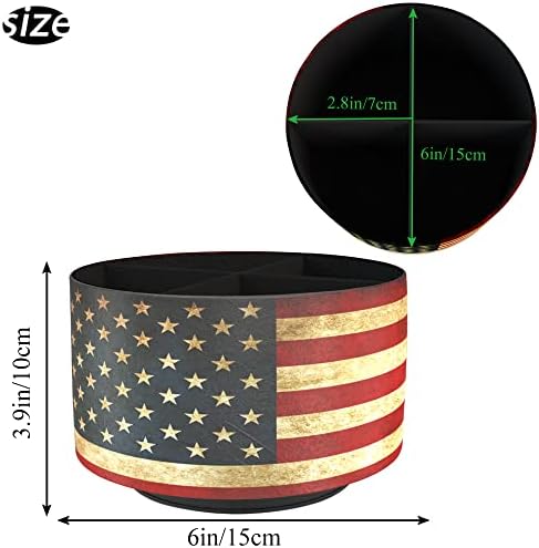 Round Leather Art Supply Organizer,Remote Control Holder,360 Degree Rotating,Multi-Functional Pencil Holder,4 Compartments Desktop Stationary Organizer(1-American Flag) - Image 2
