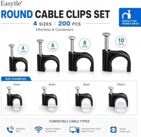 200 Pcs Cable Clips 4/6/8/10mm Nail in Cable Clips Cable Wire Clips Cable Tacks Coax Cable Speaker Wire Clips Cable Nails for Cords Wall Wire Clips RG6 RG59 CAT6 RJ45 Ethernet Cable Clips Black - Image 3