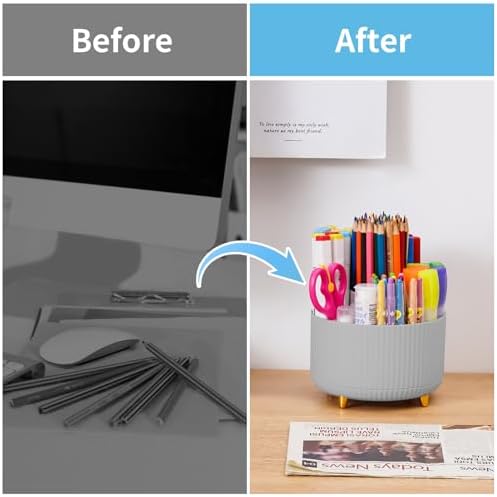 Marbrasse Desk Organizer, 360-Degree Rotating Pen Holder, Desk Organizers and Accessories with 5 Compartments Pencil Holder, Art Supply Storage Box Caddy for Office, Home (Grey) - Image 7