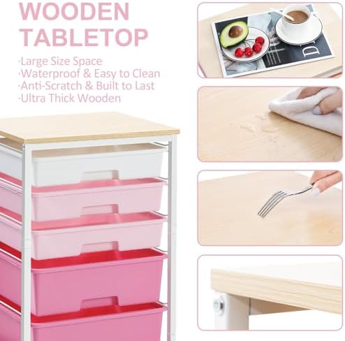 Utility Cart with Drawers,5 Drawers Storage Cart,Rose Pink - Image 6