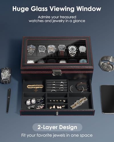 Mens Watch Box Jewelry Organizer,12-Slot 2-Layer Watch Case -Black - Image 3