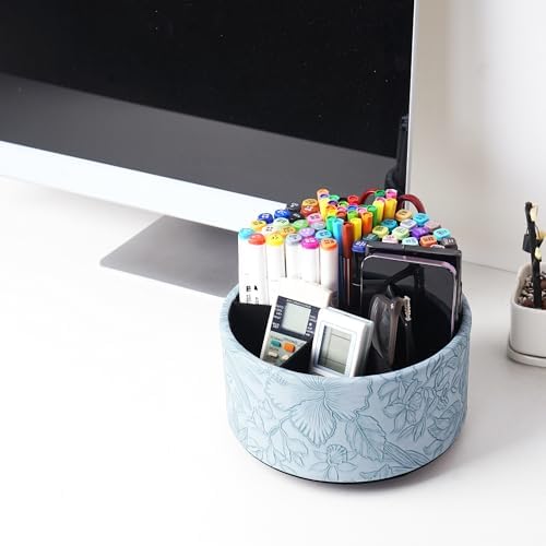 Remote Control Holder, 360°Spinning PU Leather Desk TV Remote Caddy,Desk Storage Box Room Accessories for Controller, Media,Mail,Calculator, Mobile Phone,Pencil(1-Carved Blue) - Image 7