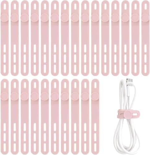 25 Pcs Silicone Cable Ties, Cable Ties Reusable, High Elasticity Cord Wraps for Electrical Cords, Cord Organizer for Earphone, Phone Charger(Pink) by Oligei