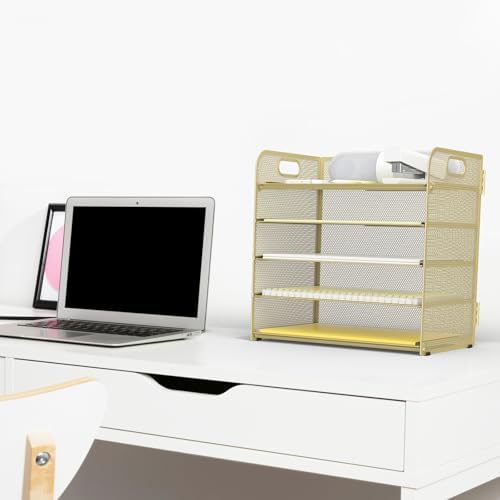 Letter Tray Paper Organizer 5-Tier Desk Organizer File Organizer Paper Holder with Handle, Metal Desktop Document Shelf Tray Office Classroom Organization - Gold - Image 4