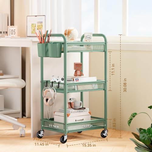 YASONIC 3 Tier Metal Rolling Cart, Green Utility Storage Cart with Wheels - Image 6
