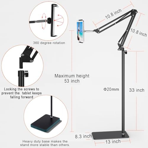 Tablet Floor Stand with 6LB Weight, Overhead Bed phone Stand Angle Height Adjustable Arm Stretchable Stand Holder, Compatible with iPhone iPad Mini Air Pro, Galaxy Tab, Kindle, E-Readers,all Phones - Image 5