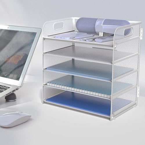 Letter Tray Paper Organizer 5-Tier Desk Organizer File Organizer Paper Holder with Handle, Metal Desktop Document Shelf Tray Office Classroom Organization - Silver - Image 4