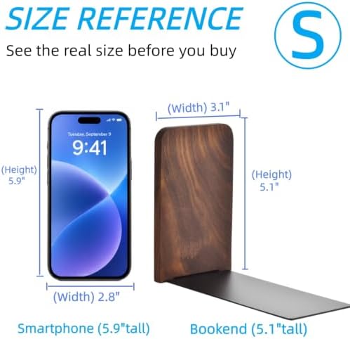 Book Ends, Black Walnut Wooden Bookends for Shelves - Heavy Duty Non-Slip Book Organizers, Upgraded Decorative Bookend Holders for Home, Kitchen, Office, Set of 2, Small - Image 2