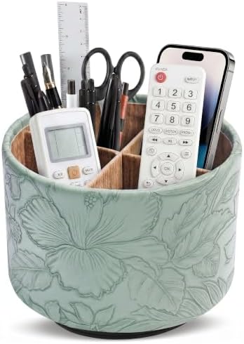 Round Leather Art Supply Organizer,Remote Control Holder,360 Degree Spinning,Multi-Functional Pencil Holder,4 Compartments Desktop Stationary Organizer(1-Wood Green2) by Hennaja