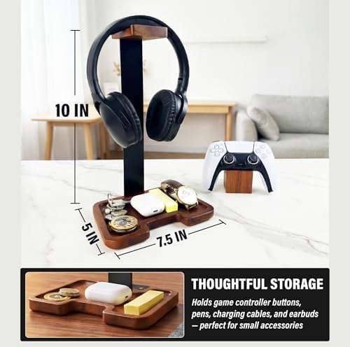 Gaming Equipment Headset Stand with Game Controller Holder & Storage Base, Stylish Gamer Gifts for Men Teenage Boy Headphone Stand, Unique Gifts for Gamers to Organize Gaming Accessories (Brown Wood) - Image 6
