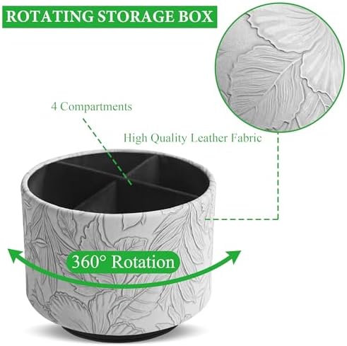 Round Leather Art Supply Organizer,Remote Control Holder,360 Degree Spinning,Multi-Functional Pencil Holder,4 Compartments Desktop Stationary Organizer(1-Carved Grey) - Image 3