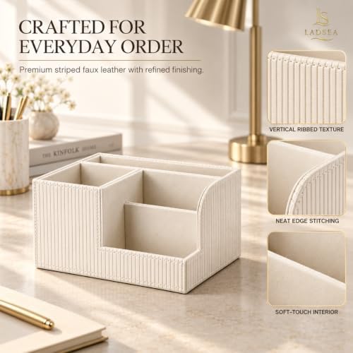 Pen Holder for Desk, 4-Compartment PU Leather Desk Organizer, Cream - Image 5