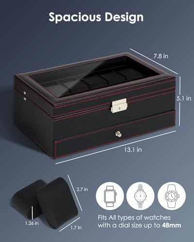 Mens Watch Box Jewelry Organizer,12-Slot 2-Layer Watch Case -Black - Image 2