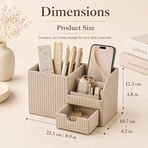 Luxury PU Leather Desk Organizer with Drawer, Modern Aesthetic Office Desk Accessories for Men & Women, Multi-Compartment Pen Holder & Desktop Storage Organizer for Home Office - Image 2