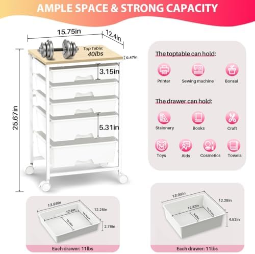 Rolling Cart with 5 Drawers for Craft, Art, Dorm, Office, White - Image 2