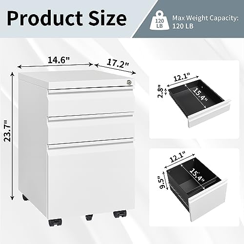 Mobile File Cabinet for Home Office, Lockable 3 Drawer Filing Cabinet with Wheels for A4-Size/Letter-Size/Legal-Size, Fully Assembled Except Casters, White - Image 3