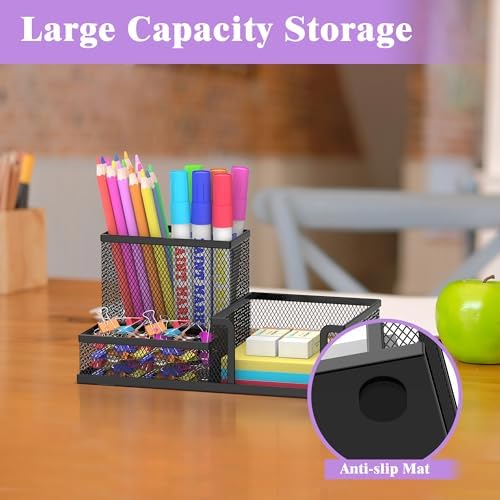 Pen Holder Desk Organizer, Office Supplies Pencil Holder with 3 Compartments, Desk Accessories and Workspace Organizers for Home School Classroom, Black - Image 4